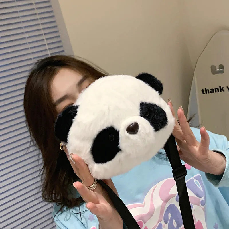Panda Head print plush crossbody bag with cylindrical shape and sandwich pockets