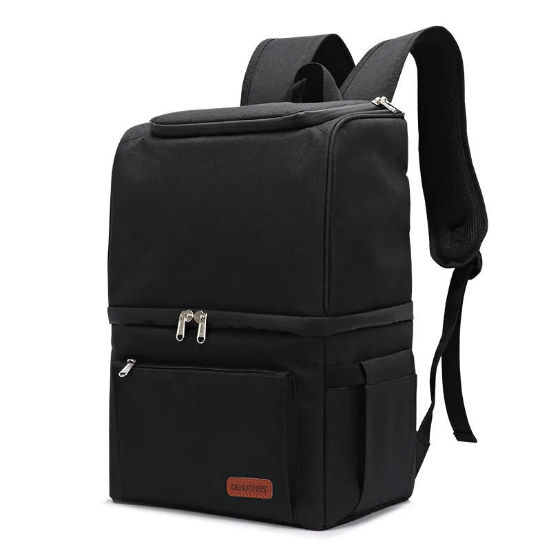Blue insulated backpack with double-layer construction and refrigerated ice pack compartment open