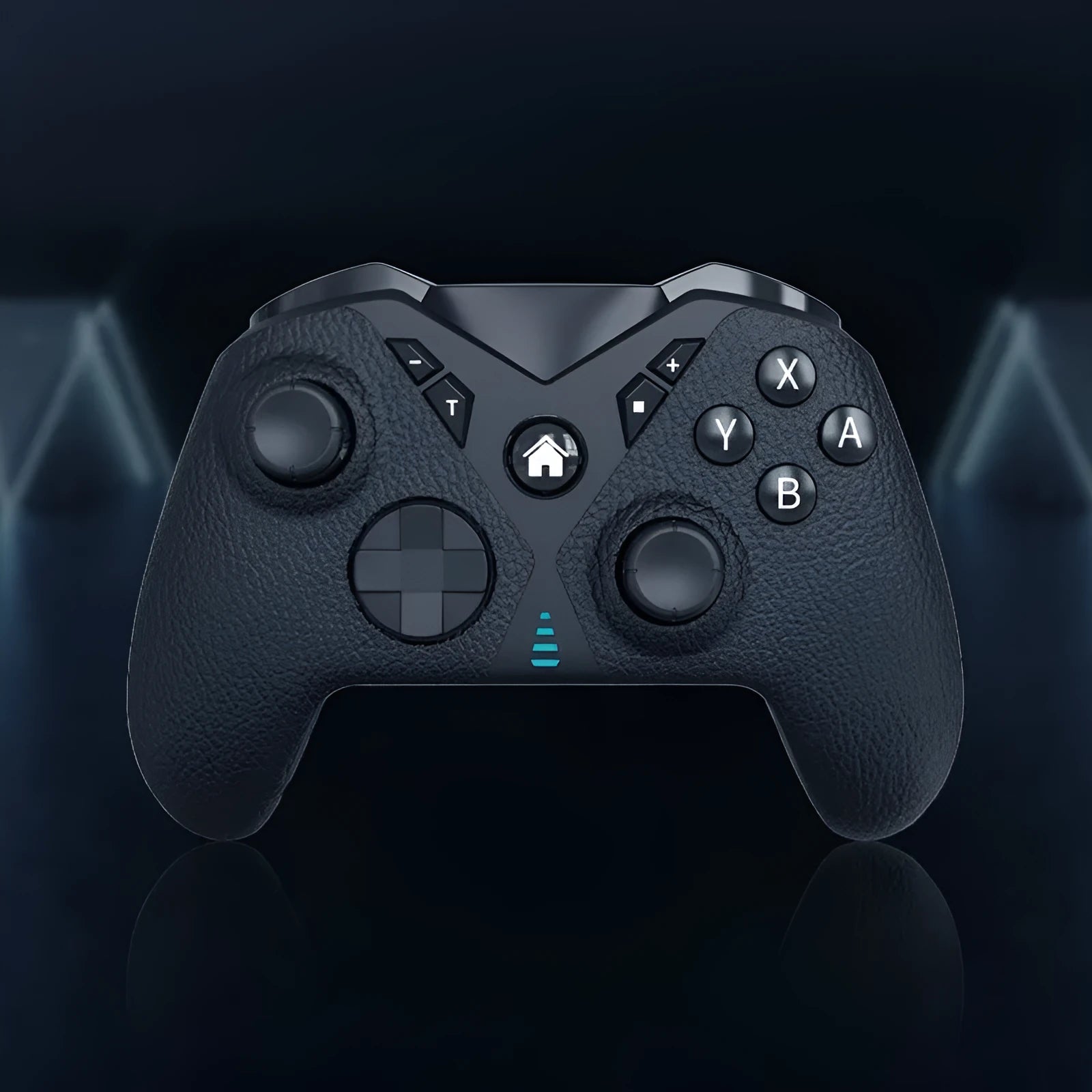 Black wireless Bluetooth game controller with ergonomic shape for Nintendo Switch, PC and smartphone.