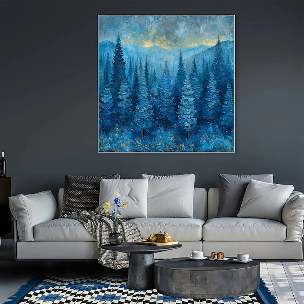 Blue mysterious forest tree abstract landscape hand painted oil painting on canvas, square size, no frame, for living room decor