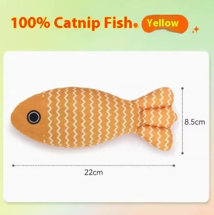 Catnip-filled fabric fish toy in blue, red or yellow available in large, medium and small sizes