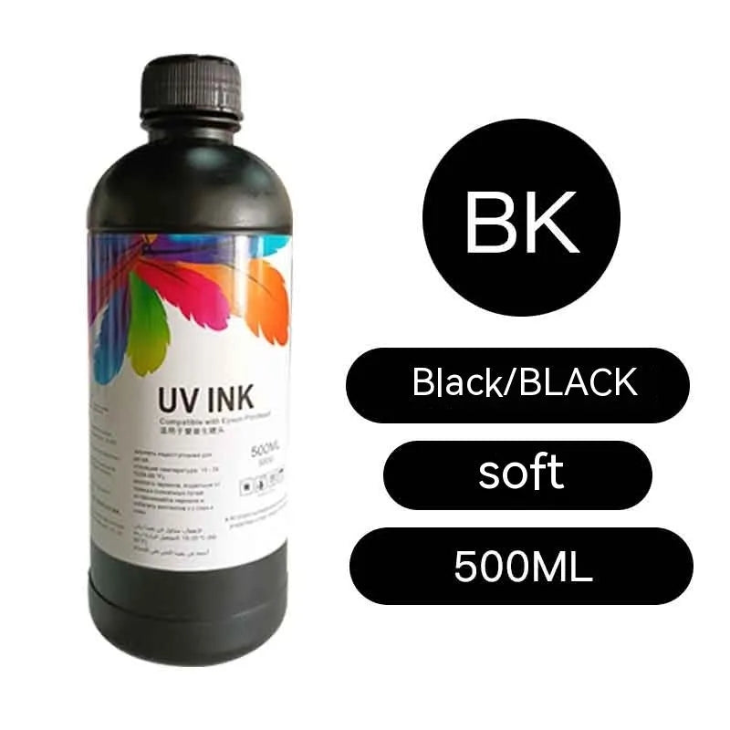 500ml bottle of Epson UV printer ink for XP600 TX800 F186000 F189000 models, showing colour options.