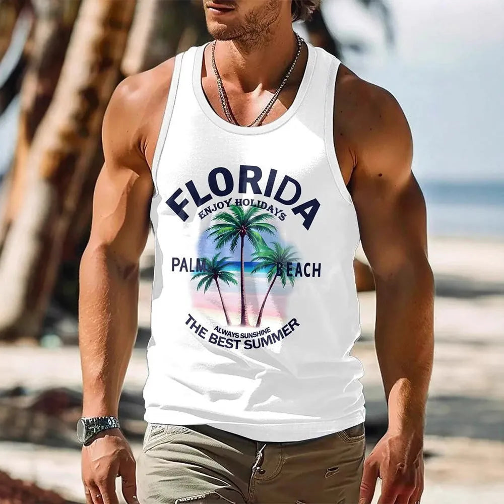 Man wearing a solid colour 3D printed Hawaiian style sleeveless vest t-shirt for casual leisure wear.