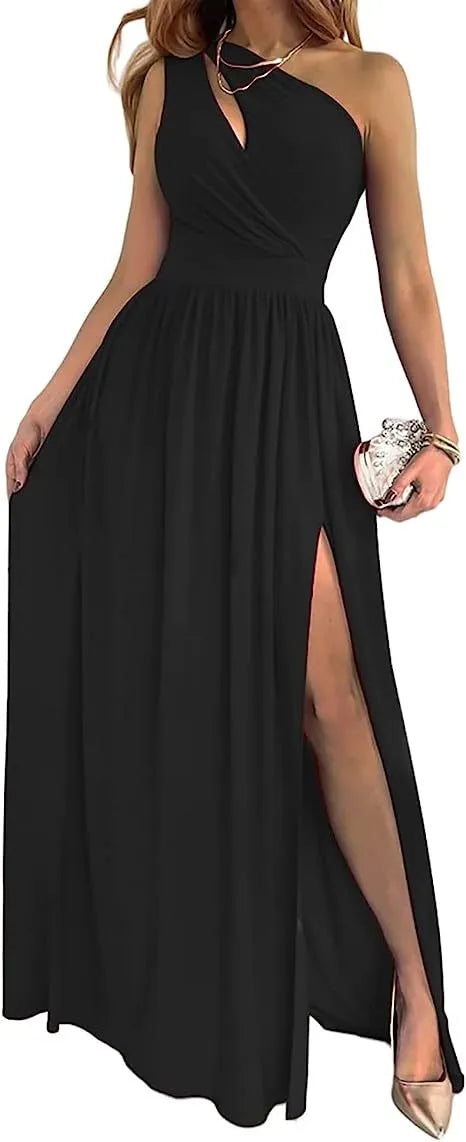 Women's apricot one-shoulder maxi dress with high leg split and sleeveless design.