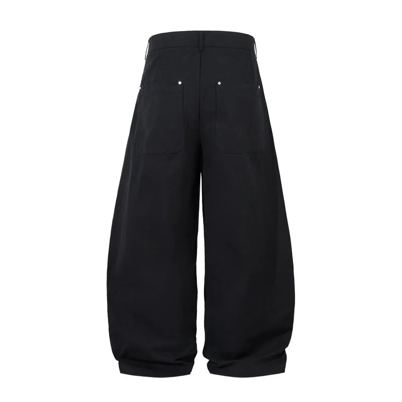 Men's black cotton pleated trousers with wide-leg loose-fitting casual design