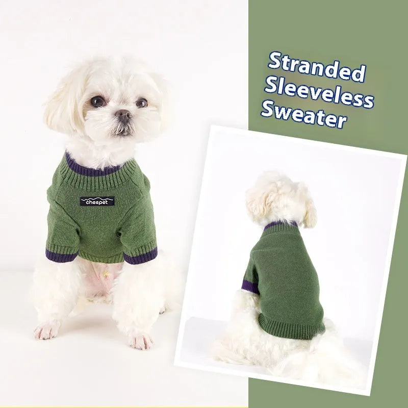 A Crown Blue two-leg pet sweater for a dog, made from wool blend fabric.