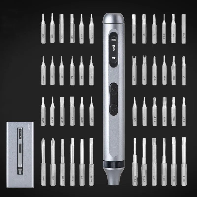 Aluminium bodied precision electric screwdriver on a workbench with a USB charging cable.