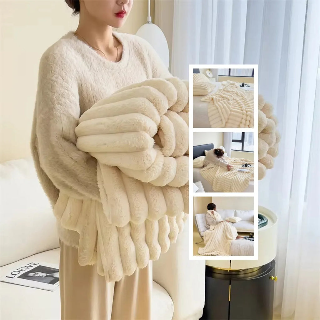 Soft Wind bubble velvet faux rabbit fur blanket in a solid colour, showing its double-sided texture.