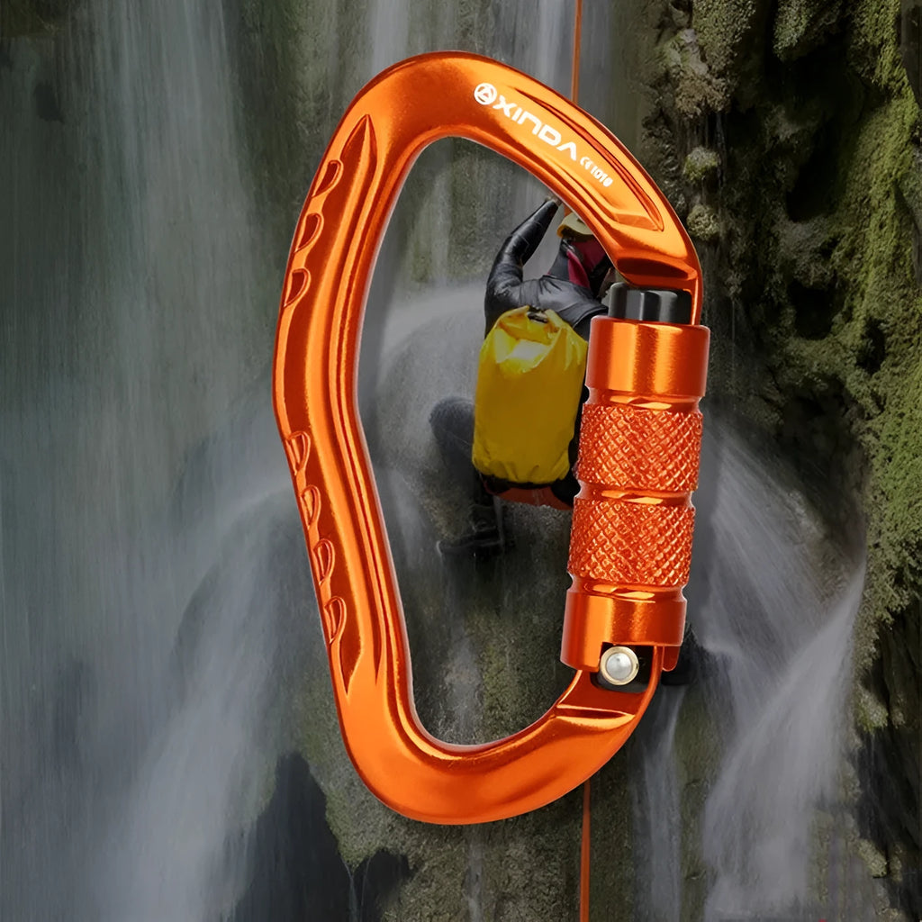 Automatic locking climbing carabiner hook in a selection of colours including black, blue, orange, red, and silver.