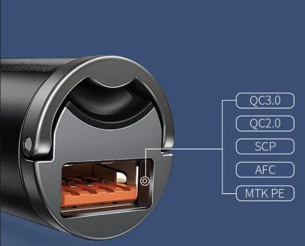 Electro-optical grey car charger with 1 metre cable showing USB interface