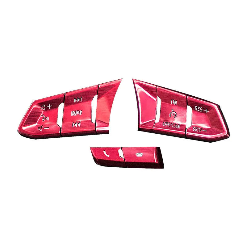 Aluminium alloy decorative stickers for car steering wheel buttons in brushed red, silver, and blue colours