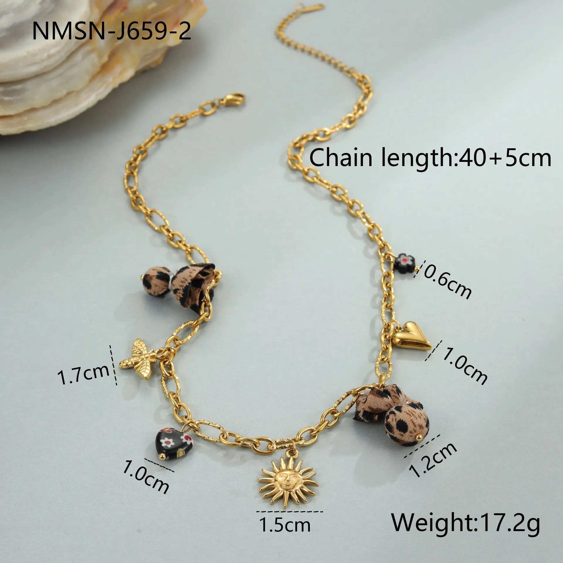 Women's stainless steel necklace with leopard pendant, heart and flower details, adjustable 41-50cm length