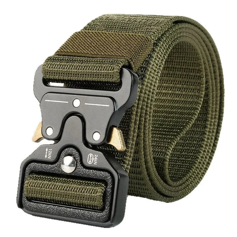 Men's canvas tactical belt with alloy release buckle showing weaving flowers texture treatment