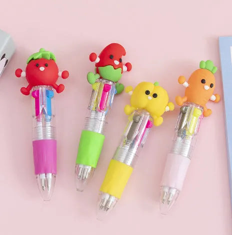 Cartoon print press ballpoint pen showing four-colour design options including cactus, fast food, and heart wings.