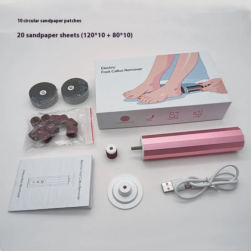 USB-powered electric callus remover foot file with sandpaper discs, in pink, black, or purple colour.