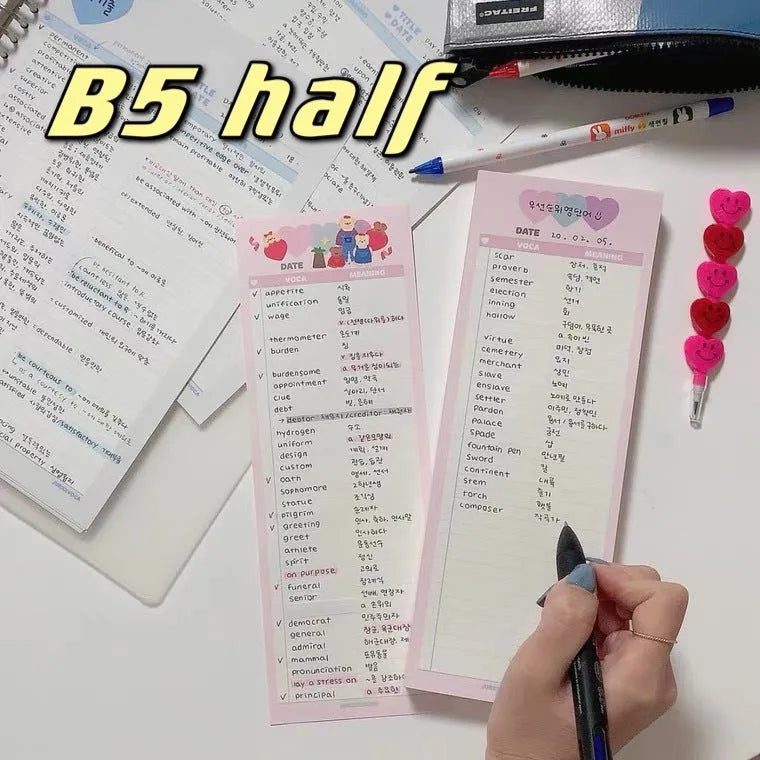 Vertical double-sided English words notepad in B5 half size with pink, purple and blue colour options