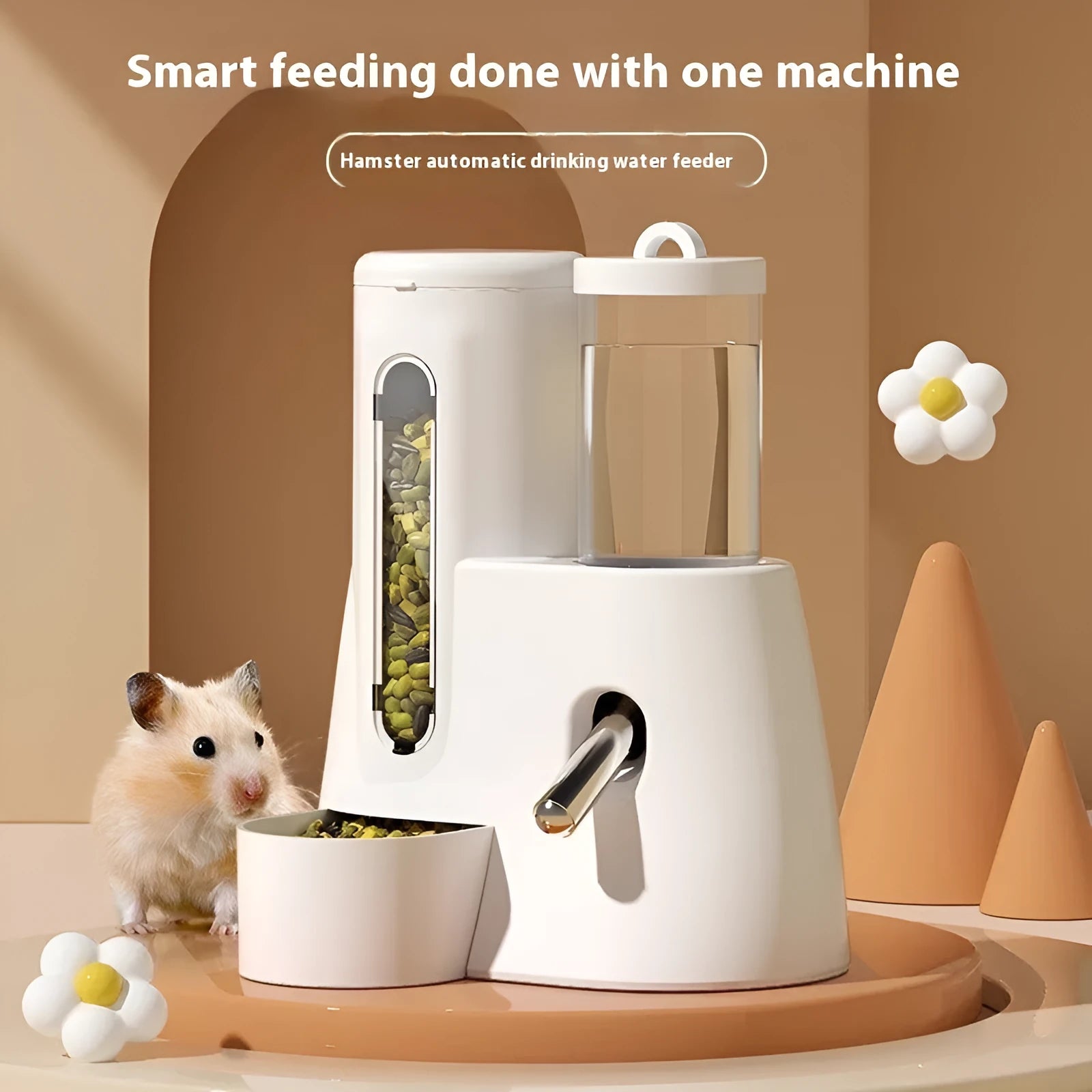 White, blue, and pink hamster automatic water feeder and food basin set on a white background.