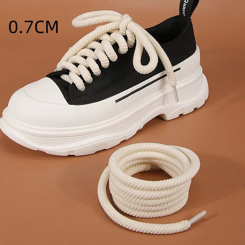 Round woven shoelaces in white, black, and beige colours showing 10mm diameter