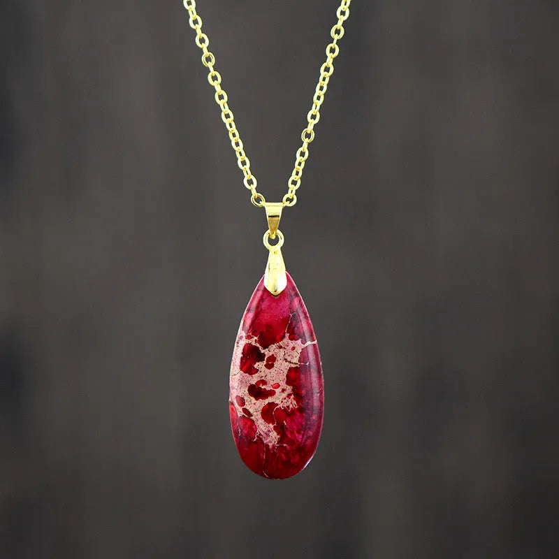 Emperor Stone water drop pendant necklace with natural jade and 18K gold plating in multiple colour variations