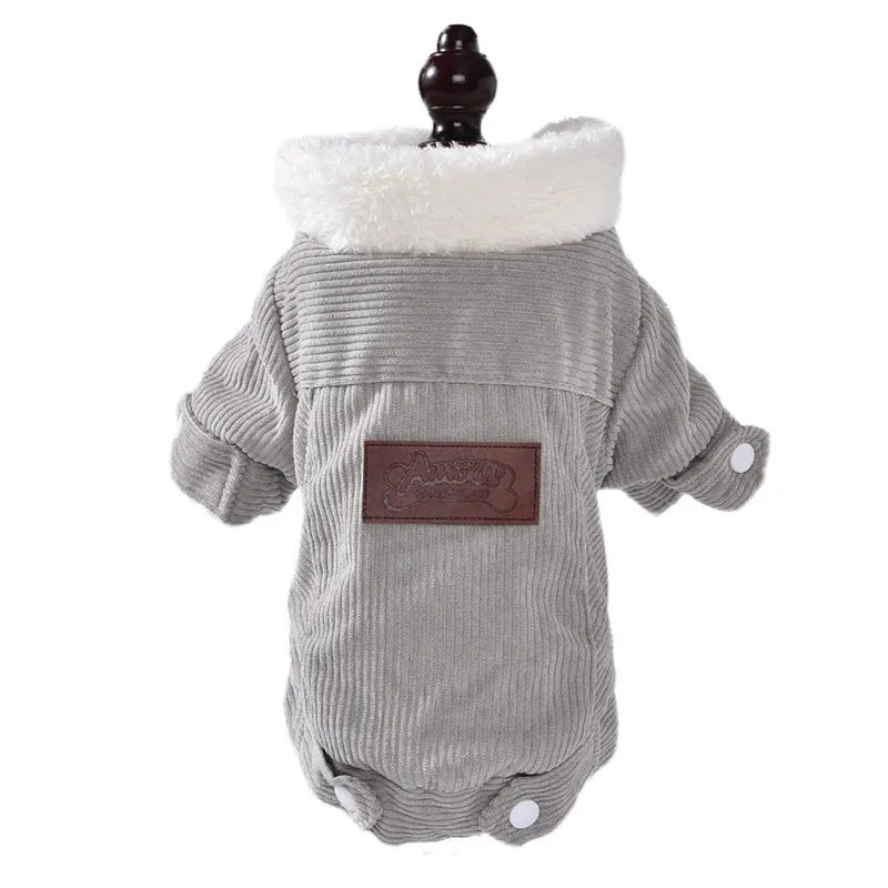 Dog wearing grey lambswool vest with fleece lining for autumn and winter warmth
