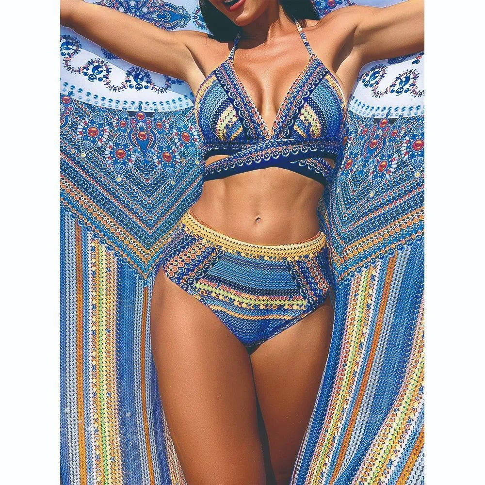 Women's high waist swimsuit with cross bandage design in blue red colour option