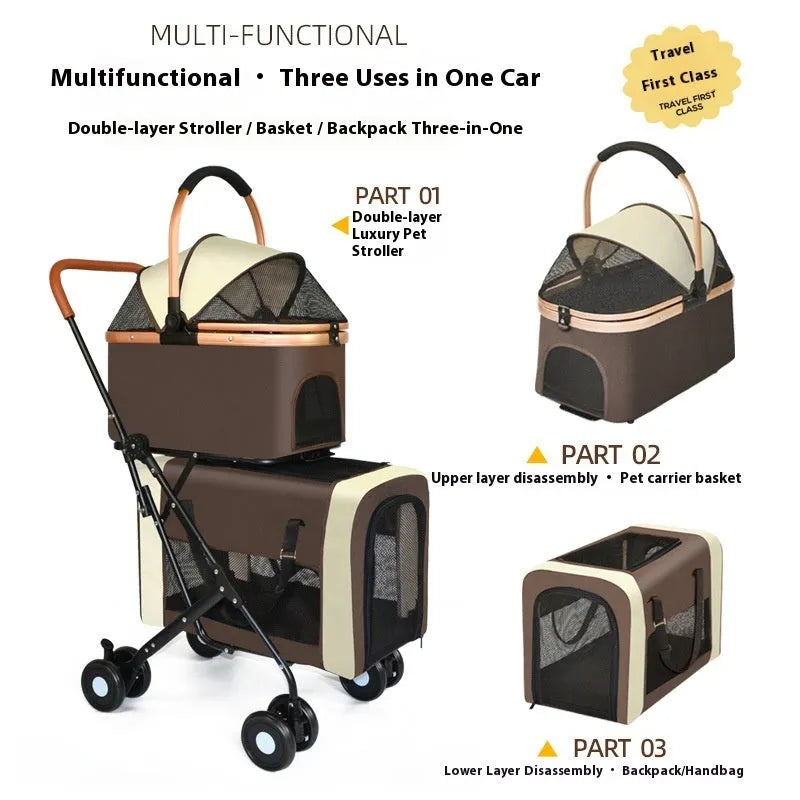 Double-layer portable pet stroller in Army Green with metal frame for two small dogs or cats