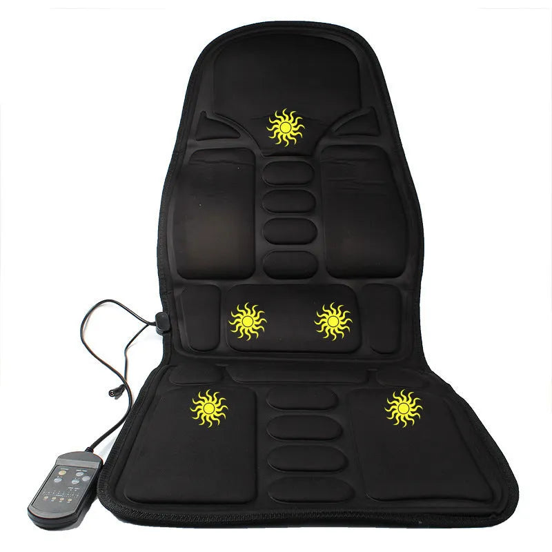 Black heating massage mat with infrared physiotherapy function and seat cushion on grey background