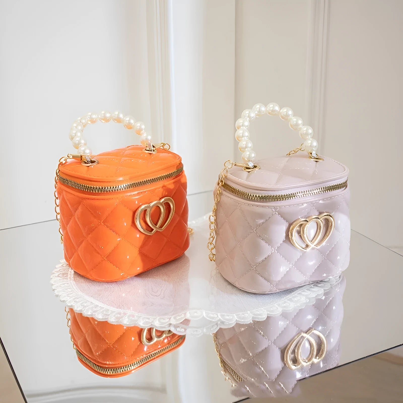 Transparent PVC bucket bag with a heart pattern, shown in one of seven available colours.
