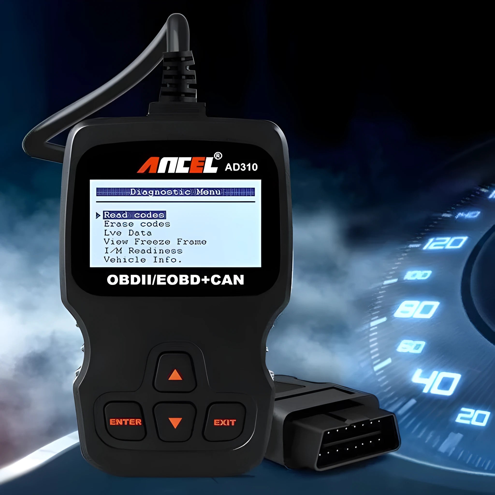 Black universal auto scanner code reader for OBD2 engine fault detection with 12V power supply