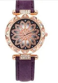 Red ladies fashion watch with full diamond dial on a PU strap, showing round 32mm case.