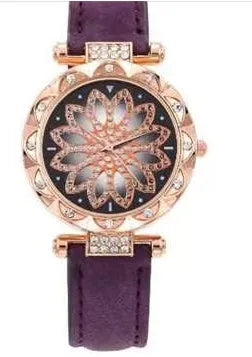 Red ladies fashion watch with full diamond dial on a PU strap, showing round 32mm case.
