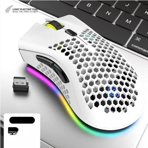 Hollow-out wireless gaming mouse with luminous charging feature in cyan colour.