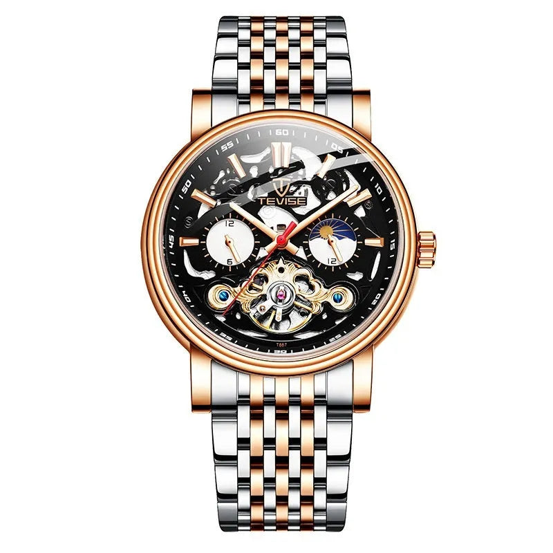 Men's mechanical watch with tourbillon, luminous hands, waterproof case in multiple colour options