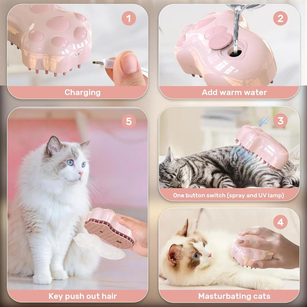 Blue self-cleaning cat steam brush with silicone head and water spray function.