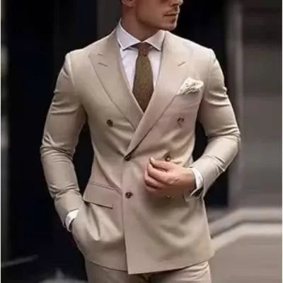 Men's grey Korean-style slim fit two-piece suit jacket and trousers on a hanger.