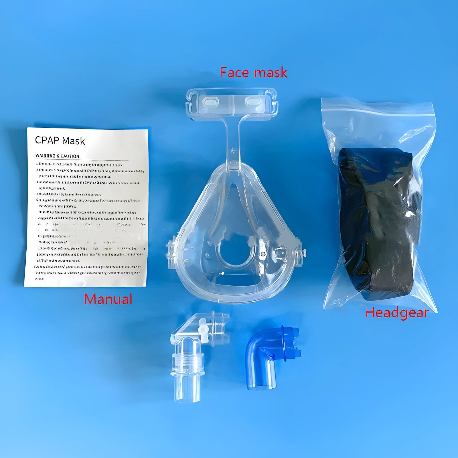 Transparent CPAP breathing mask with silicone construction and ventilator adapter accessories
