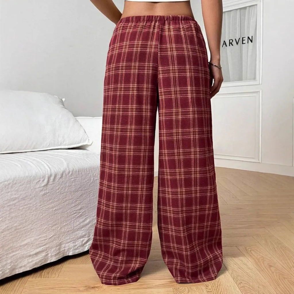 Women's plaid casual trousers with elastic drawstring waist and side pockets in blue colour