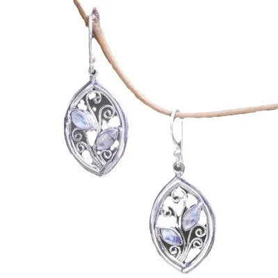 Silver-toned leaf-shaped earrings with embedded colourful moonstones for women