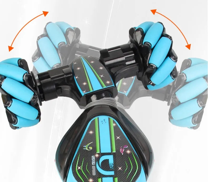 Gesture sensing remote control twisting car in blue with drift light music features on a flat surface