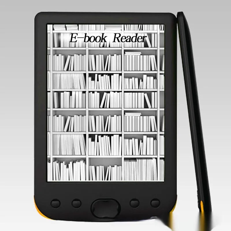 Black 6-inch E-ink screen e-book reader showing its display and sleek body.