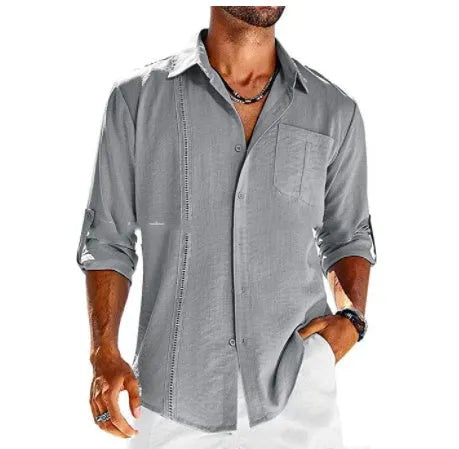 Men's grey long sleeve casual shirt with lace detail on polo collar and a chest pocket.