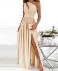 Women's apricot one-shoulder maxi dress with high leg split and sleeveless design.