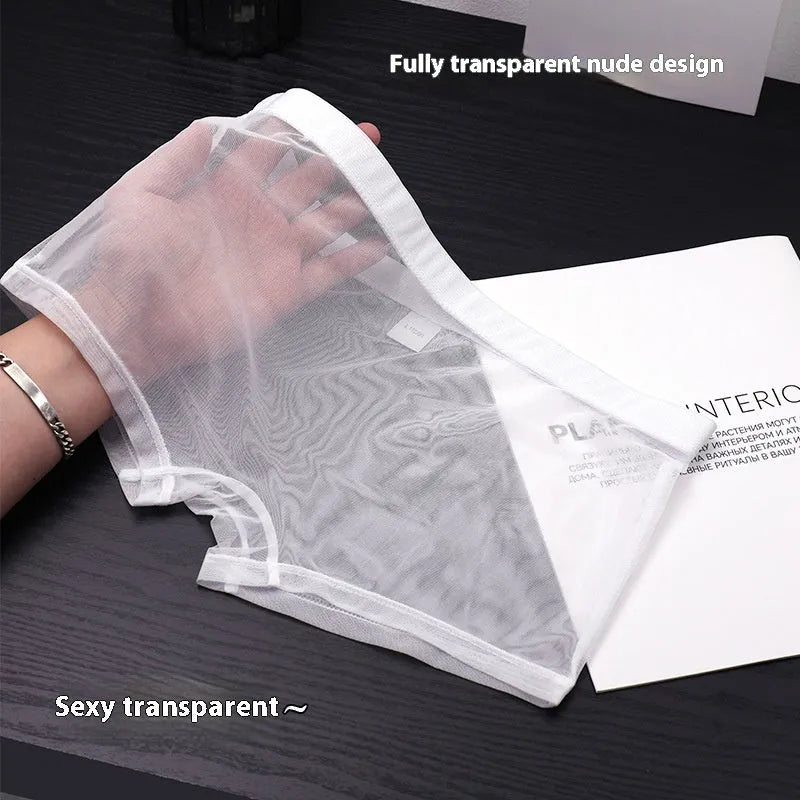 Men's thin sheer mesh boxer briefs in multiple colours on a size chart.