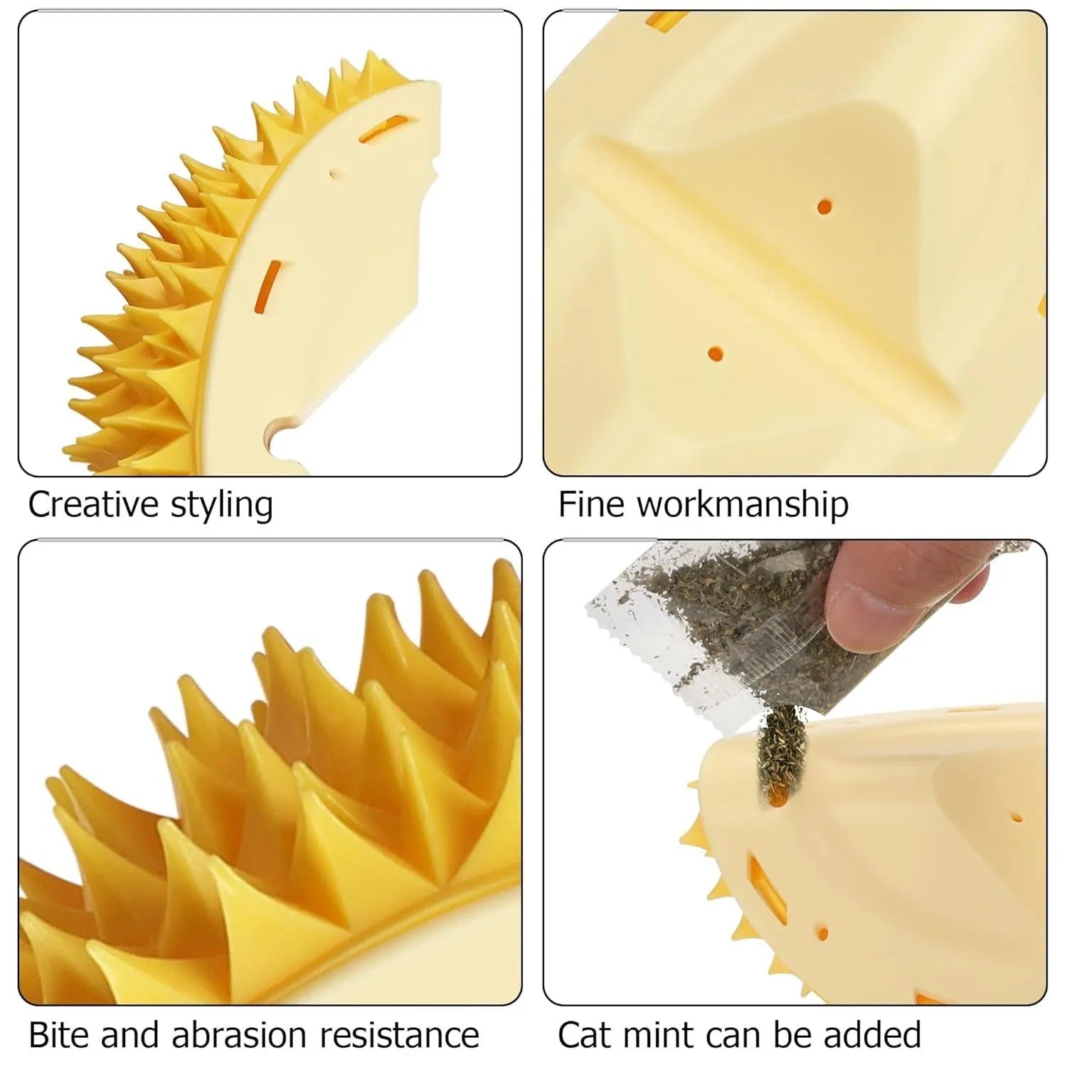 Yellow durian-shaped cat corner scratcher with massage comb surface mounted on wall