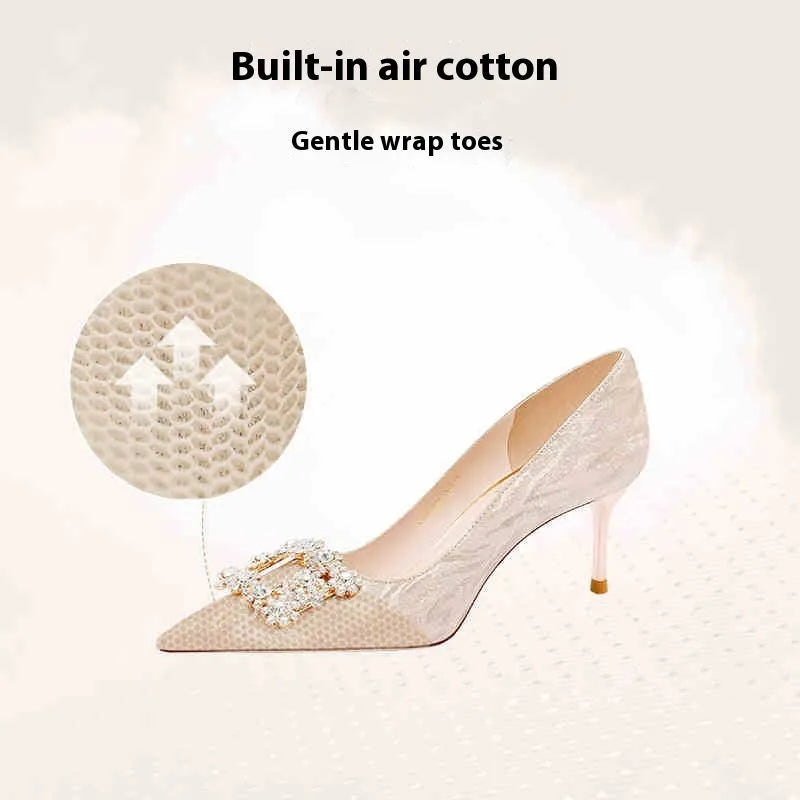 Champagne gold women's leather high heel pumps with pointed toe, stiletto heel, and rhinestone decoration.