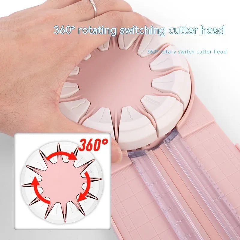 Plastic paper cutting machine with 12 patterns in pink colour on craft table