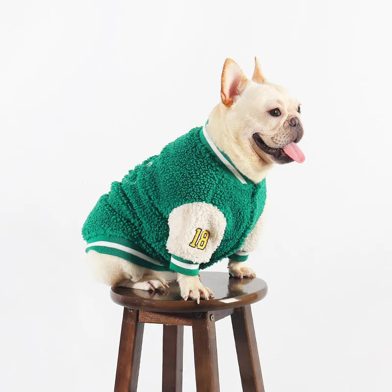 Green fleece-lined cotton dog clothing for winter wear in multiple sizes