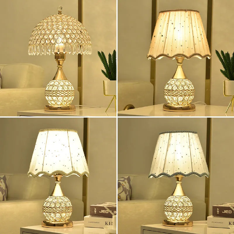 Gold crystal desk lamp with handcrafted pendant on iron art base for bedroom bedside table