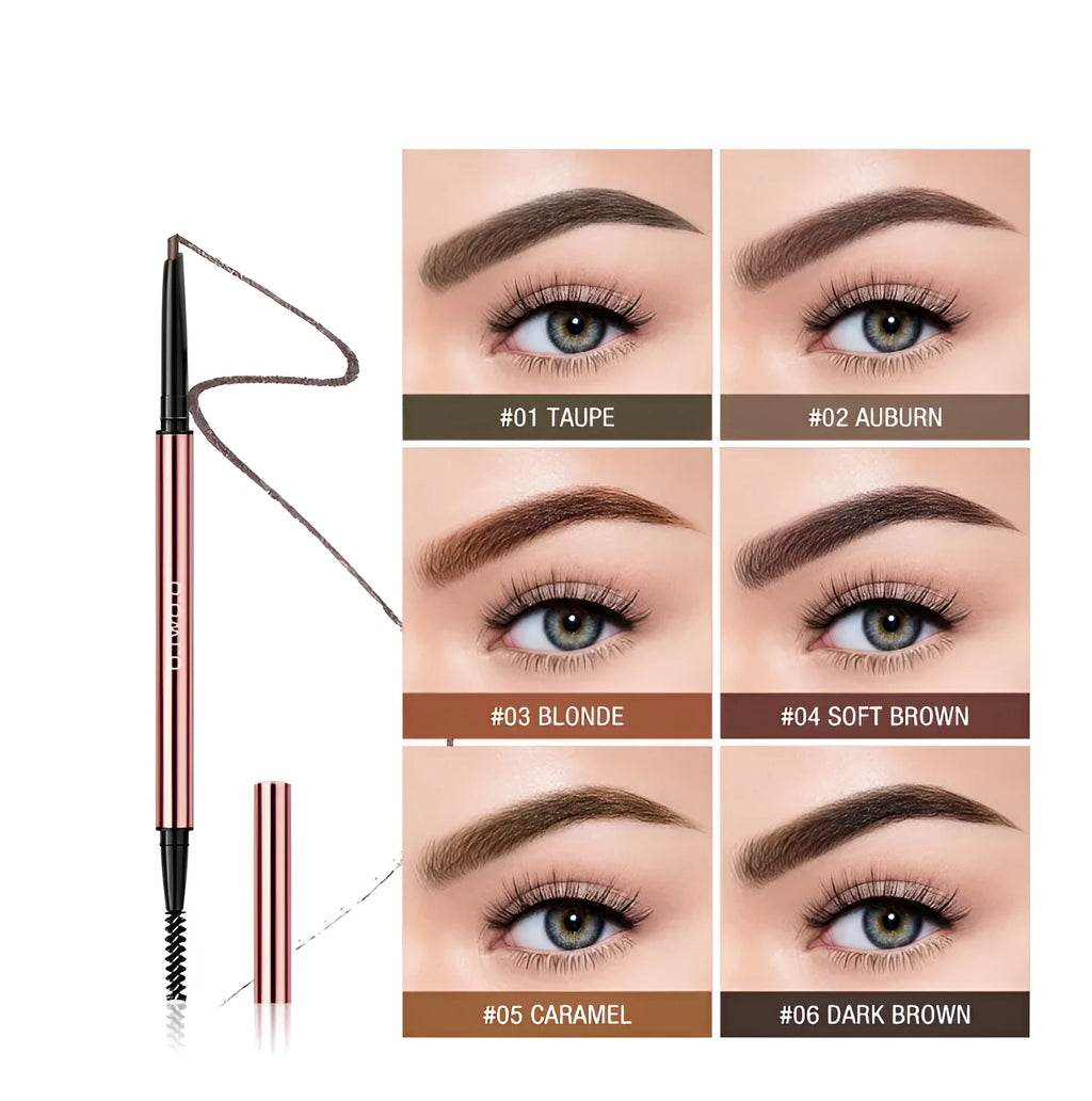 Slender eyebrow make-up pencil in a colour box, shown in six colour options including blonde and auburn.