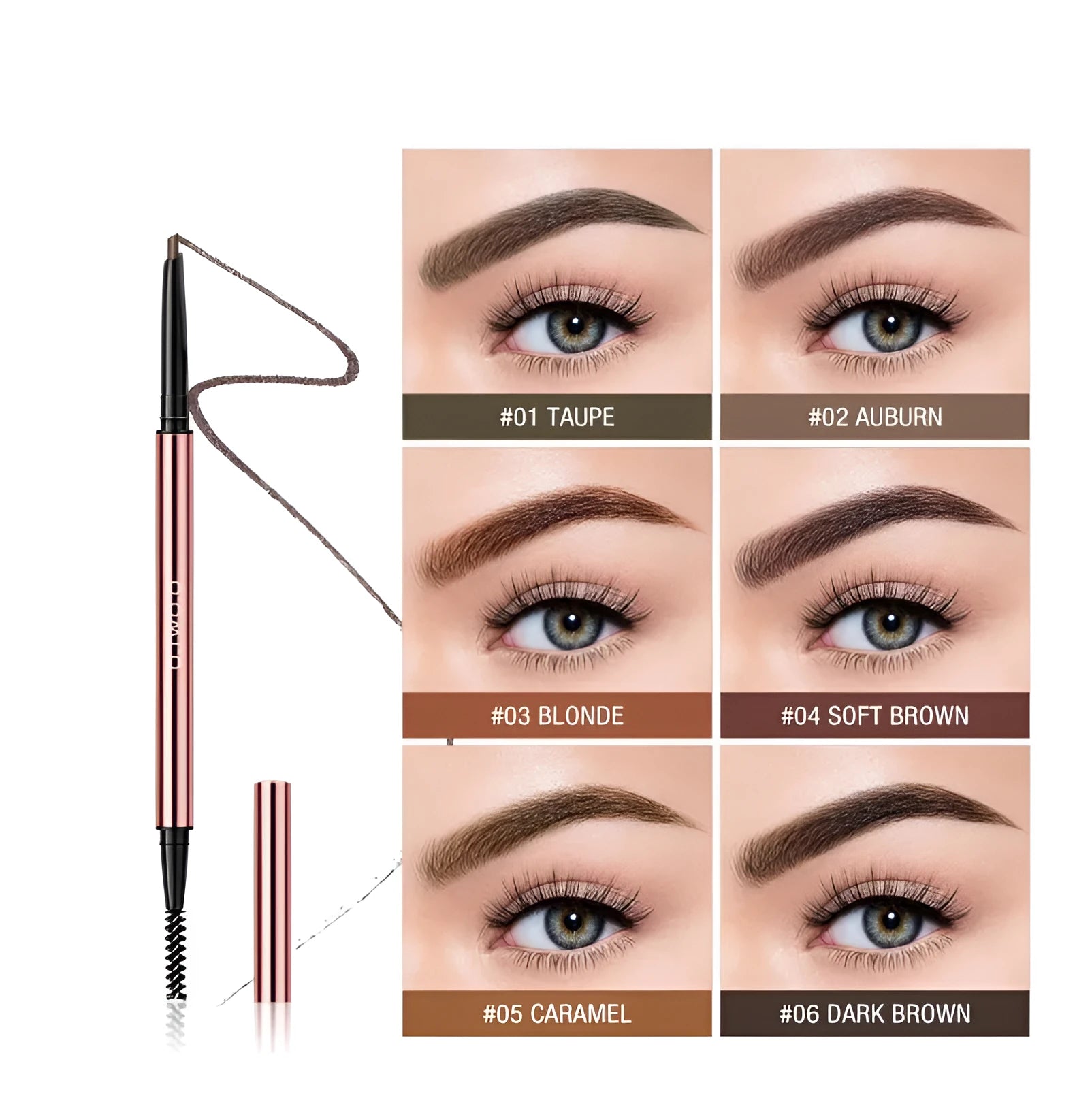 Slender eyebrow make-up pencil in a colour box, shown in six colour options including blonde and auburn.